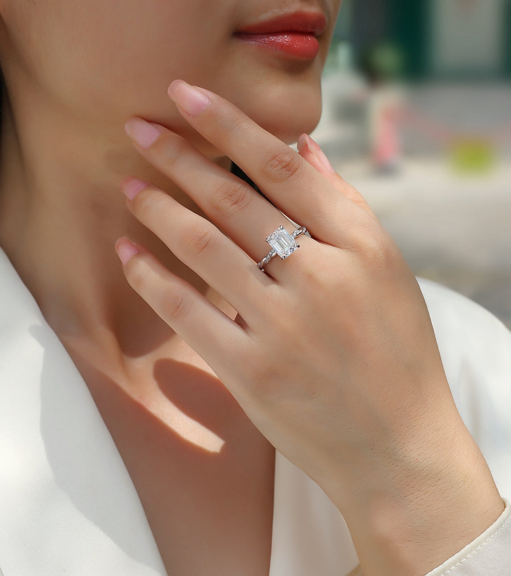 Chaselight Emerald-Cut Moissanite Solitaire Ring in Sterling Silver