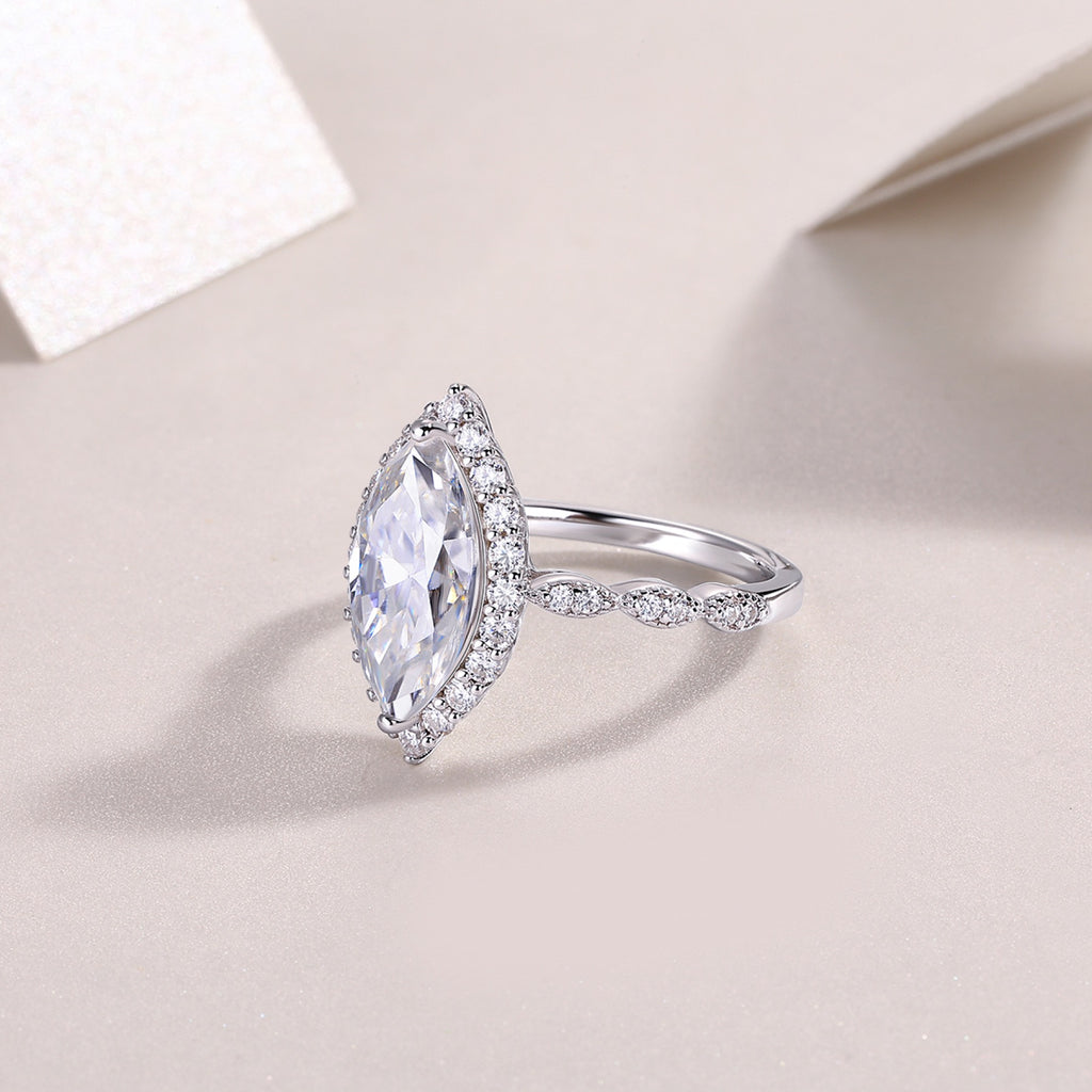 Adore Marquise-Cut Moissanite Halo Ring in Sterling Silver