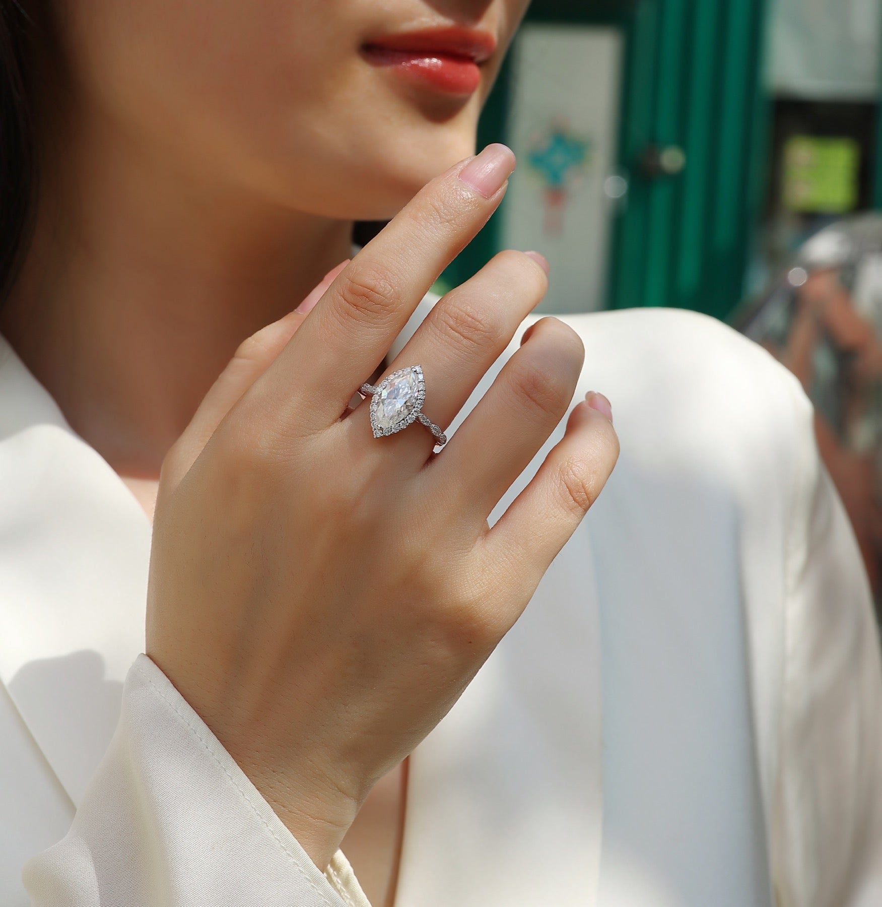 Adore Marquise-Cut Moissanite Halo Ring in Sterling Silver
