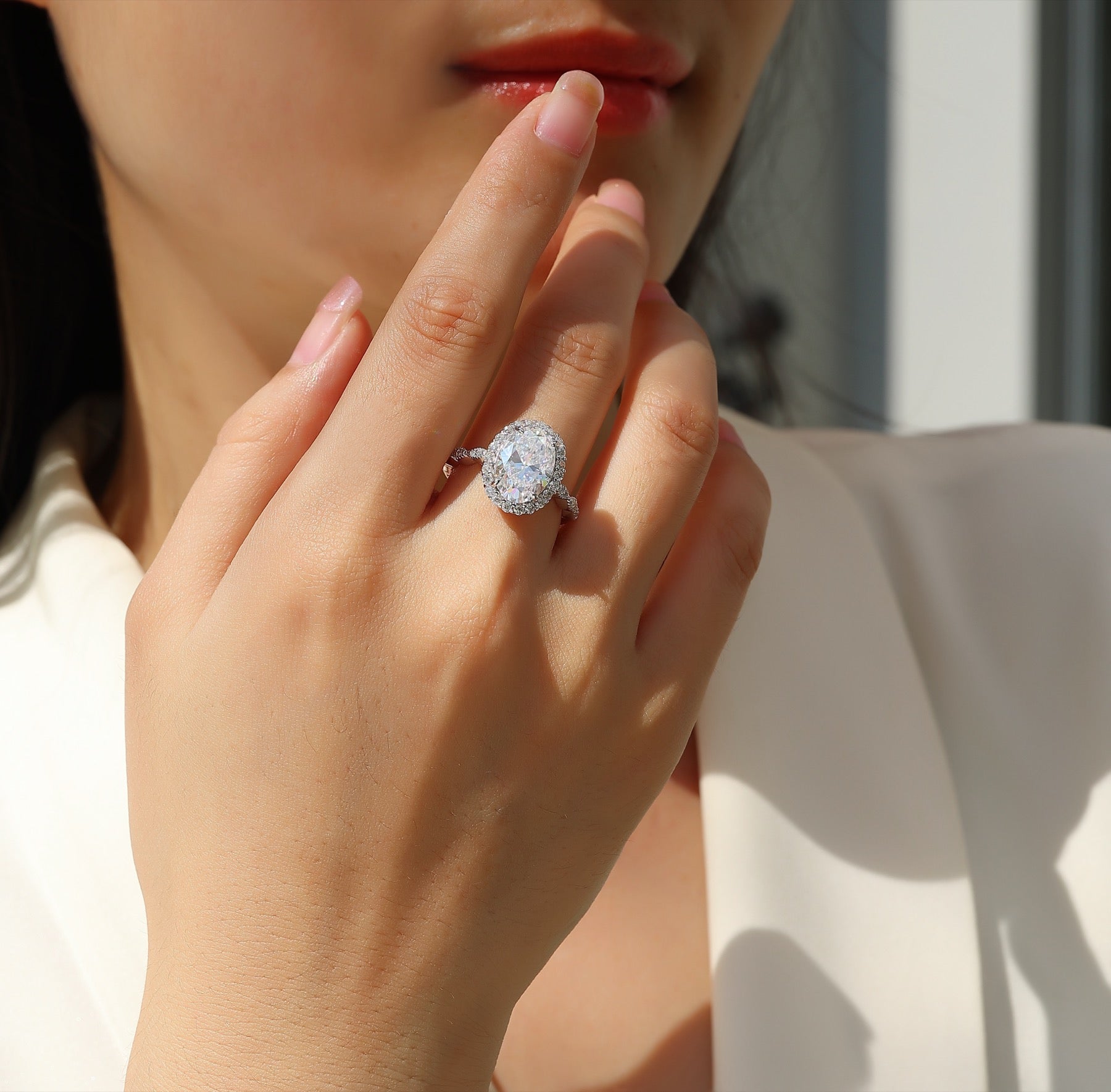 Fullmoon Oval-Cut Moissanite Halo Ring in Sterling Silver