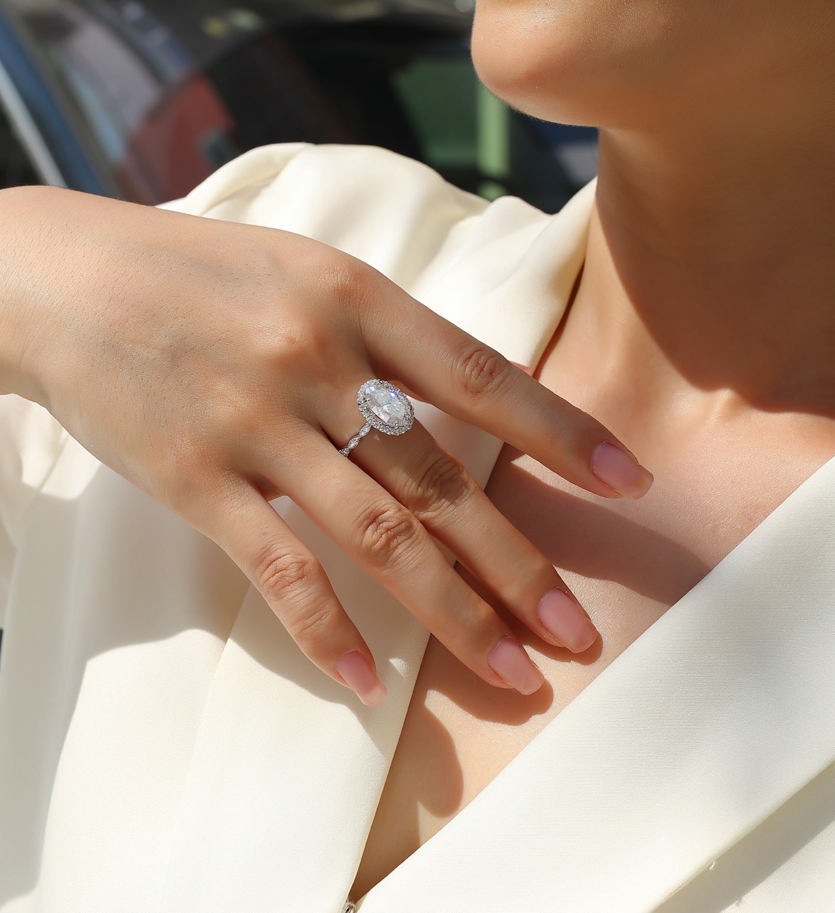 Fullmoon Oval-Cut Moissanite Halo Ring in Sterling Silver