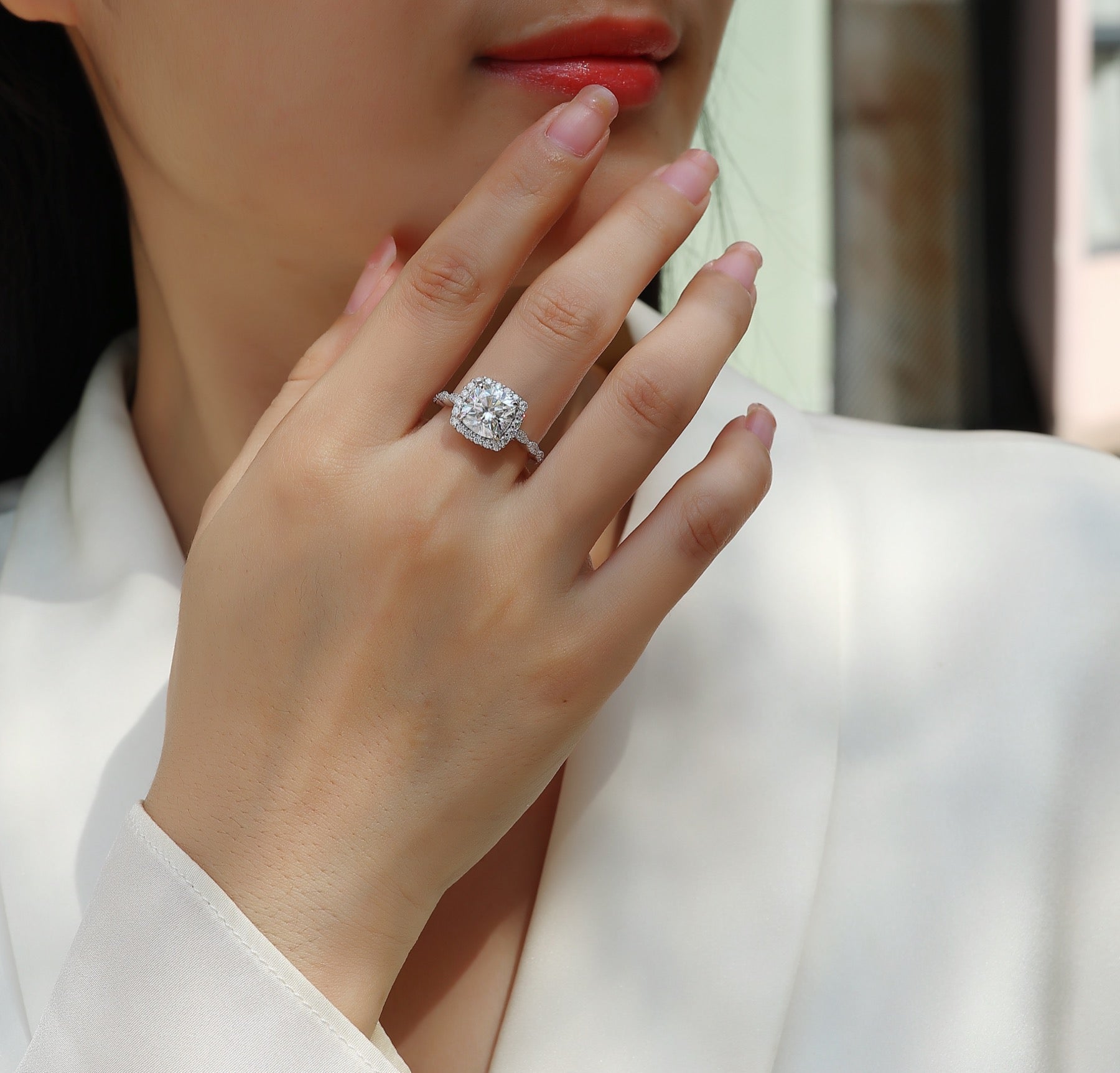 Cushion Cushion-Cut Moissanite Halo Ring in Sterling Silver
