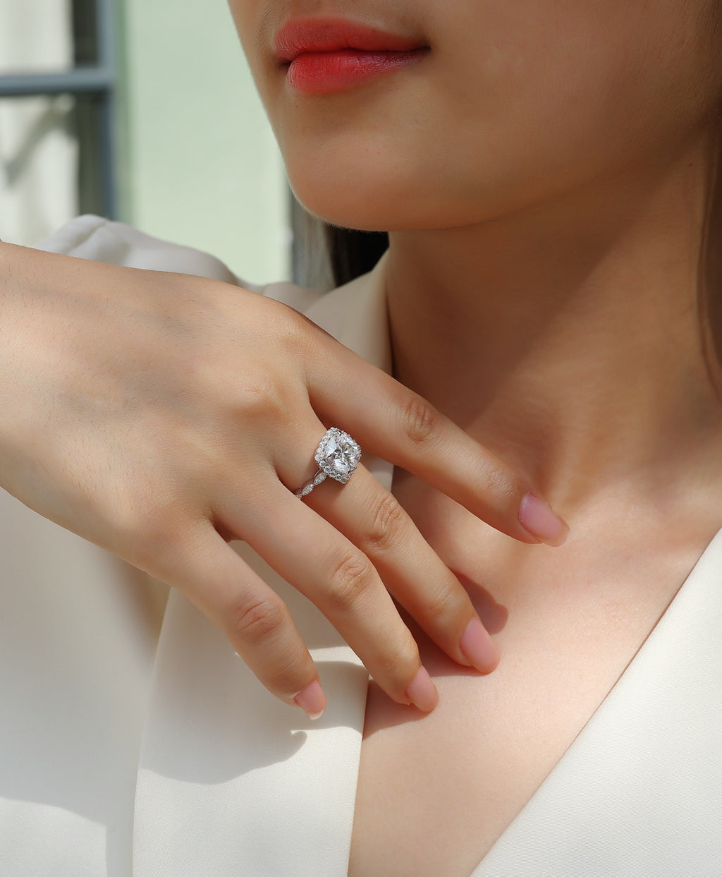 Cushion Cushion-Cut Moissanite Halo Ring in Sterling Silver
