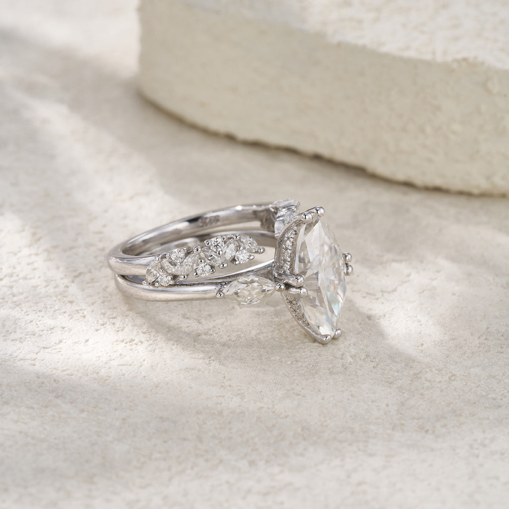 Naveta Marquise-Cut Moissanite Bridal Set Ring in Sterling Silver