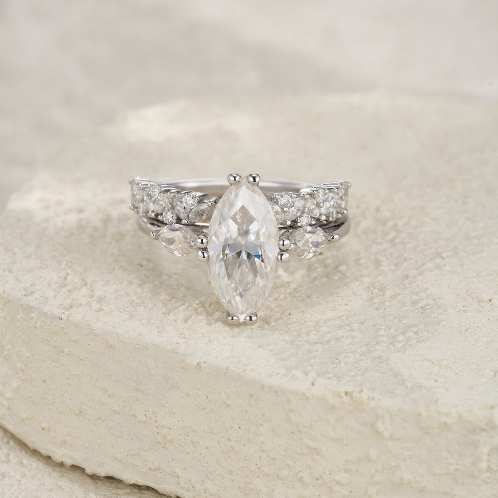 Naveta Marquise-Cut Moissanite Bridal Set Ring in Sterling Silver