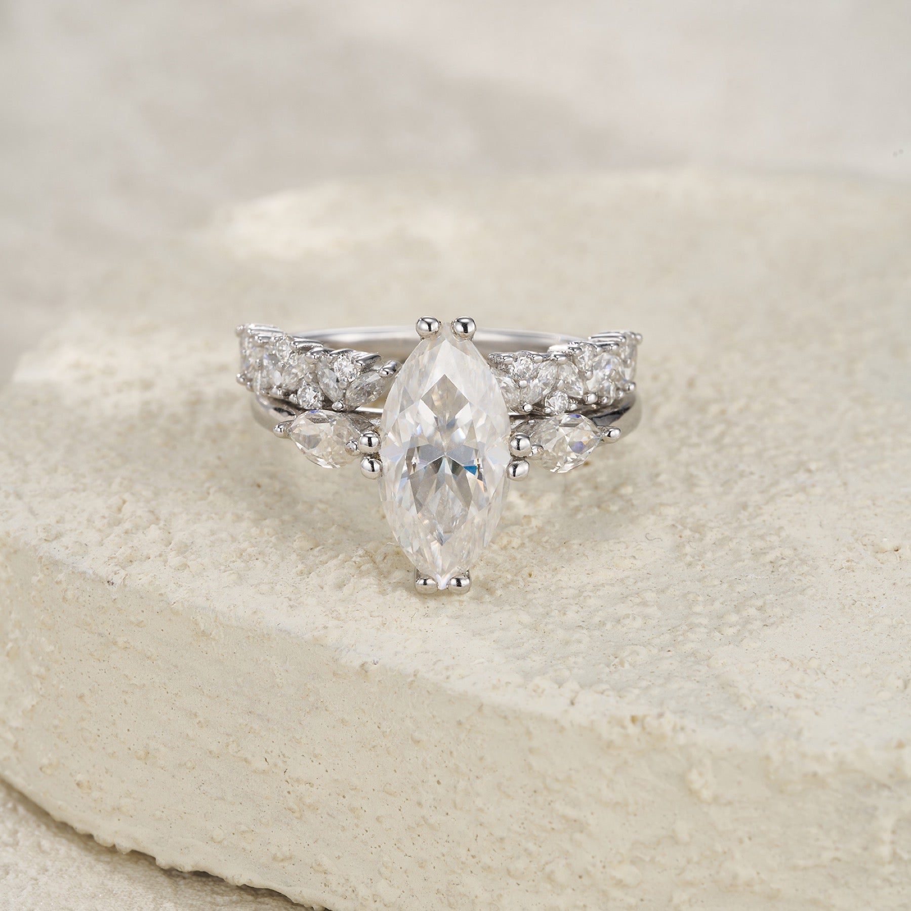 Naveta Marquise-Cut Moissanite Bridal Set Ring in Sterling Silver