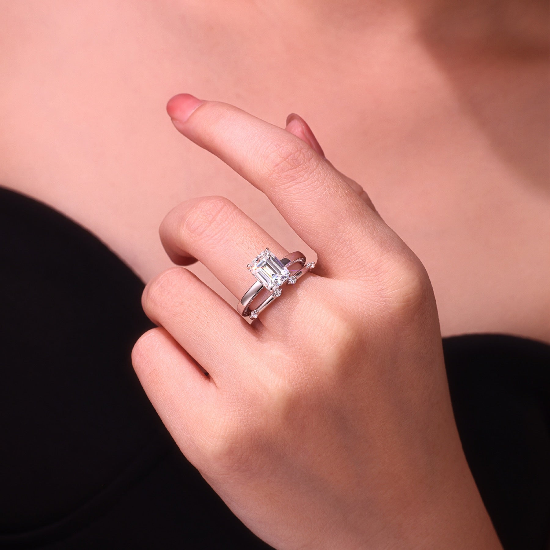 Icelove Emerald-Cut Moissanite Solitaire Ring in Sterling Silver