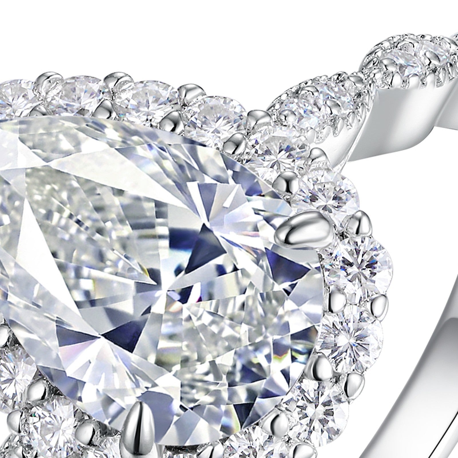 Peardew Pear-Cut Moissanite Halo Ring in Sterling Silver — detail