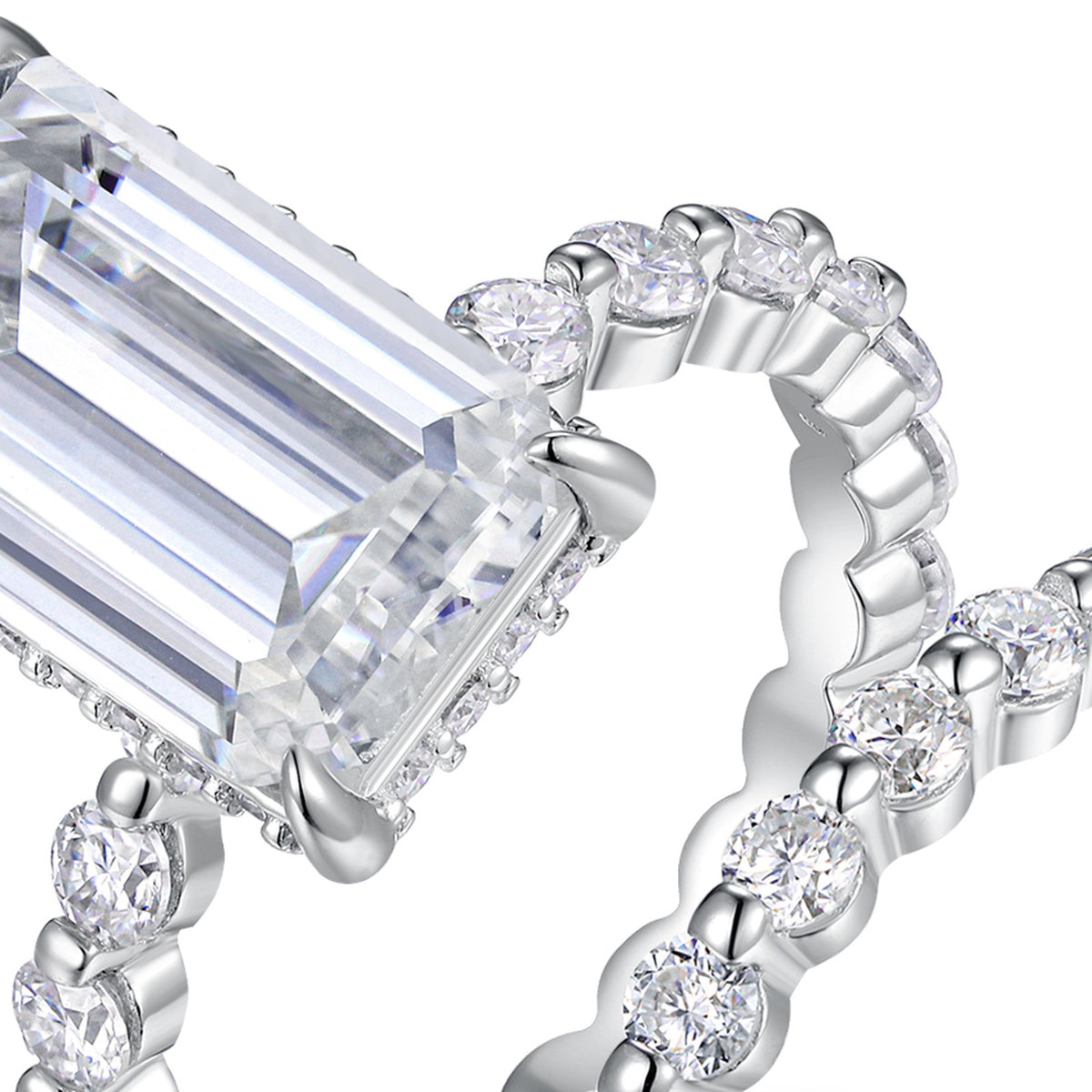 Verdine Emerald-Cut Moissanite Bridal Set Ring in Sterling Silver — detail