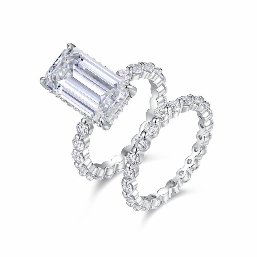 Verdine Emerald-Cut Moissanite Bridal Set Ring in Sterling Silver