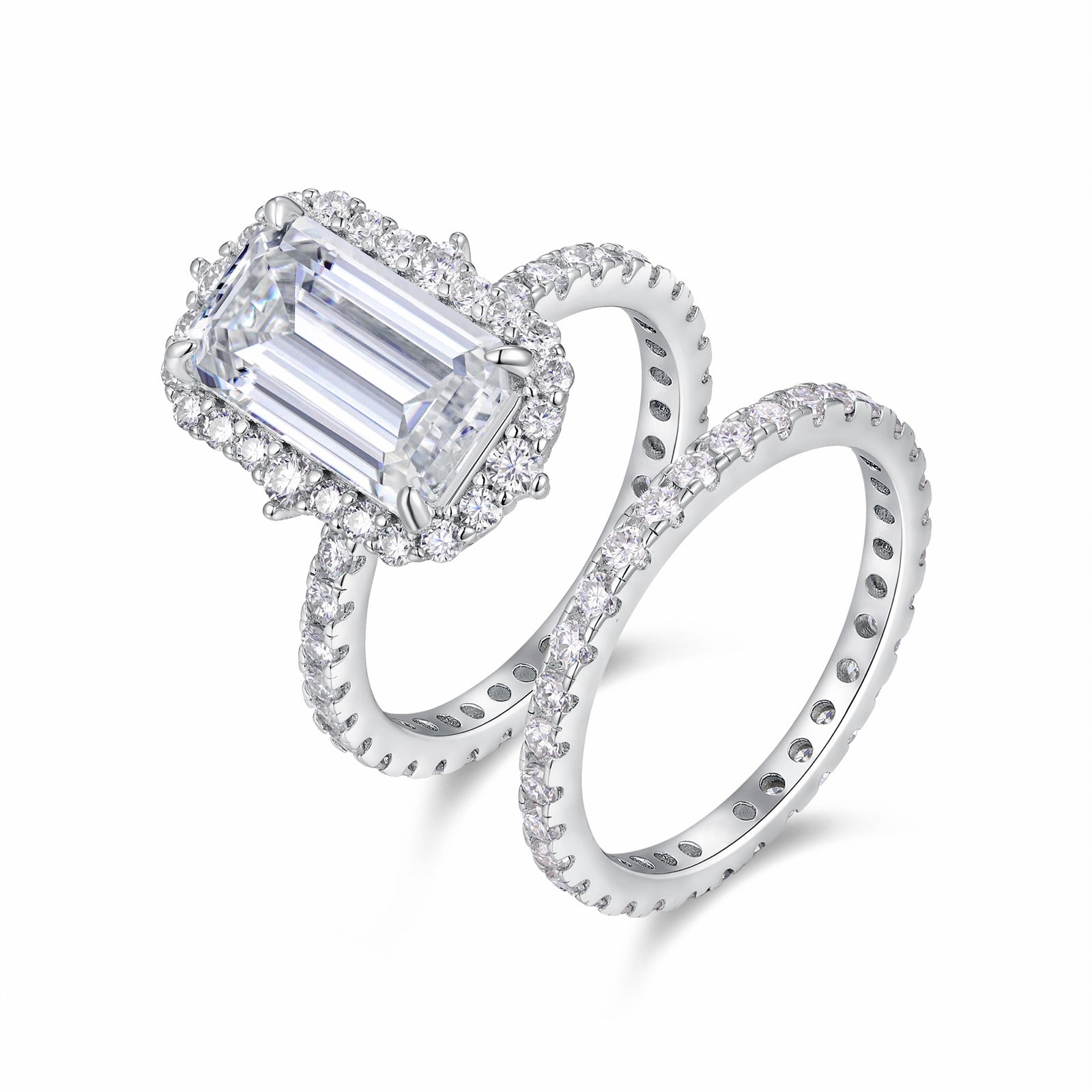 Smeralda Emerald-Cut Moissanite Bridal Set Ring in Sterling Silver