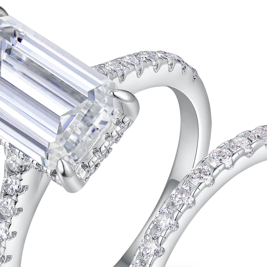 Emeraldset Emerald-Cut Moissanite Bridal Set Ring in Sterling Silver — detail