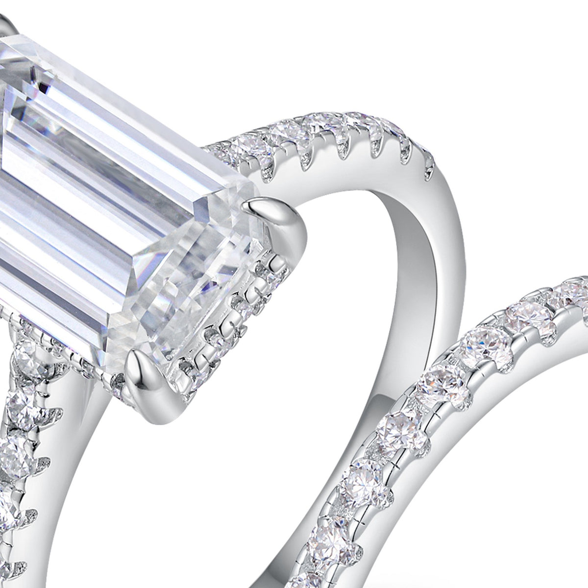 Emeraldset Emerald-Cut Moissanite Bridal Set Ring in Sterling Silver — detail