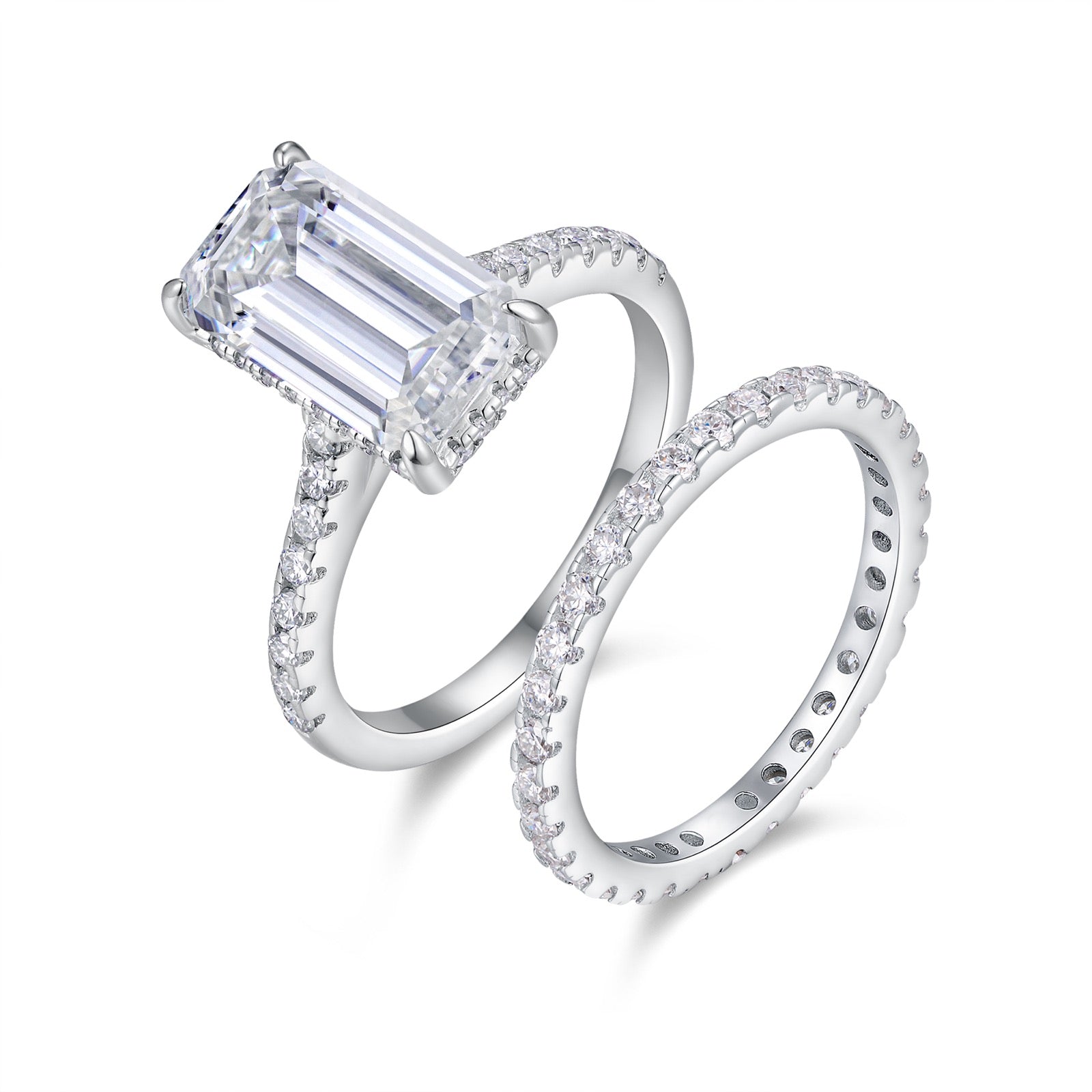 Emeraldset Emerald-Cut Moissanite Bridal Set Ring in Sterling Silver