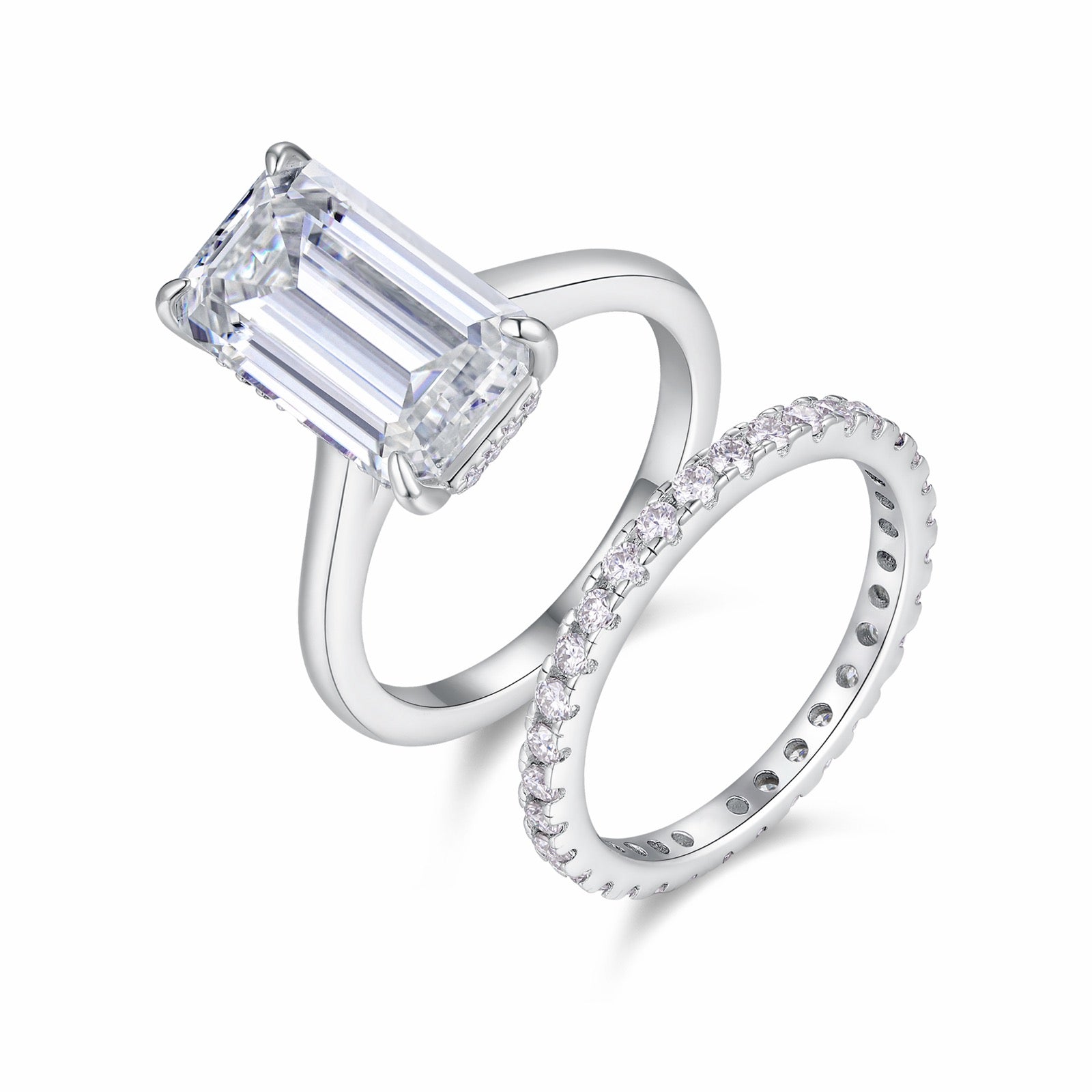 Emeraldbridal Emerald-Cut Moissanite Bridal Set Ring in Sterling Silver