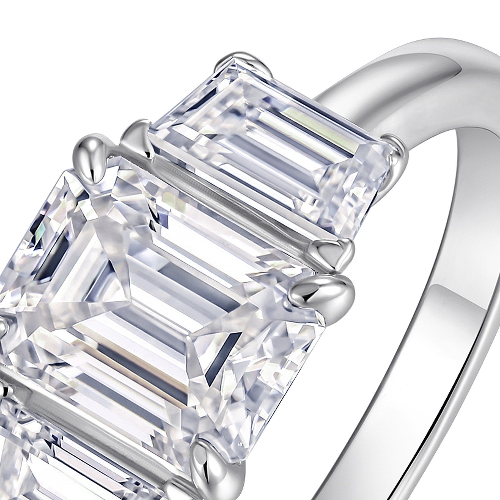 Emeraldtri Emerald-Cut Moissanite Three-Stone Ring in Sterling Silver — detail