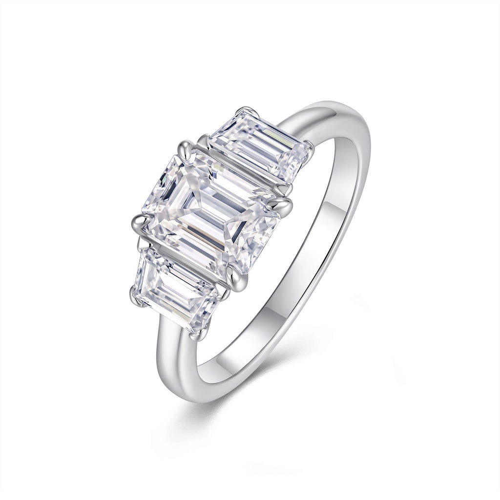 Emeraldtri Emerald-Cut Moissanite Three-Stone Ring in Sterling Silver