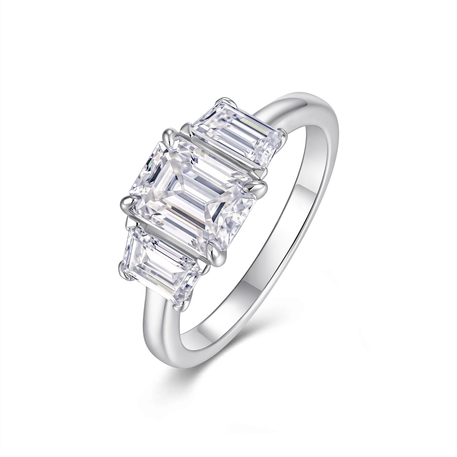 Emeraldtri Emerald-Cut Moissanite Three-Stone Ring in Sterling Silver