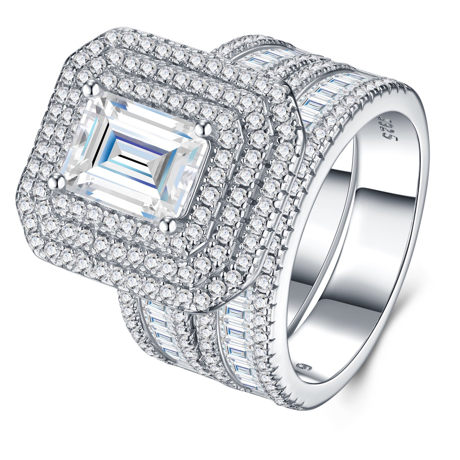 Emeraldroyal Emerald-Cut Moissanite Bridal Set Ring in Sterling Silver