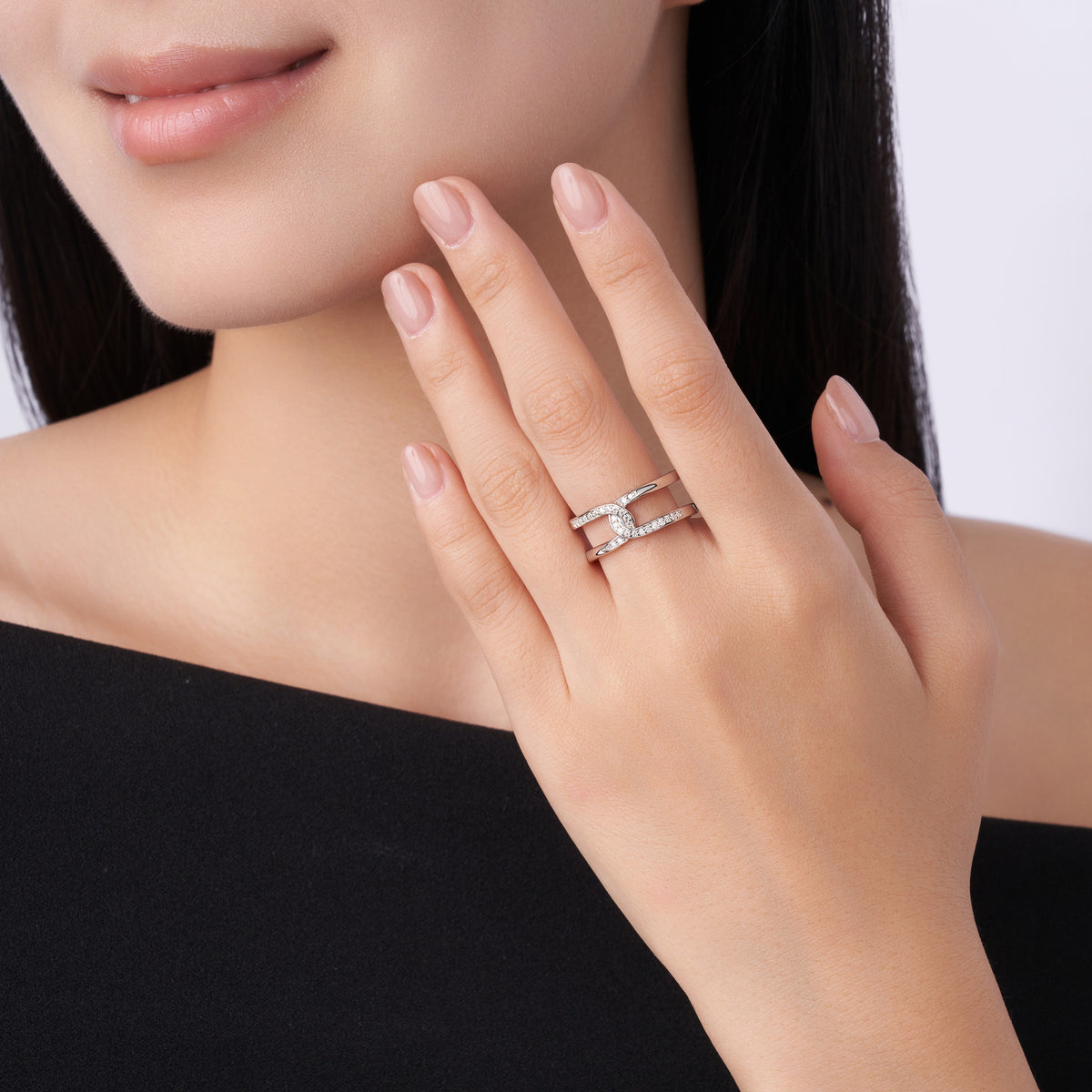 Legati Moissanite Band Ring in Sterling Silver, shown worn