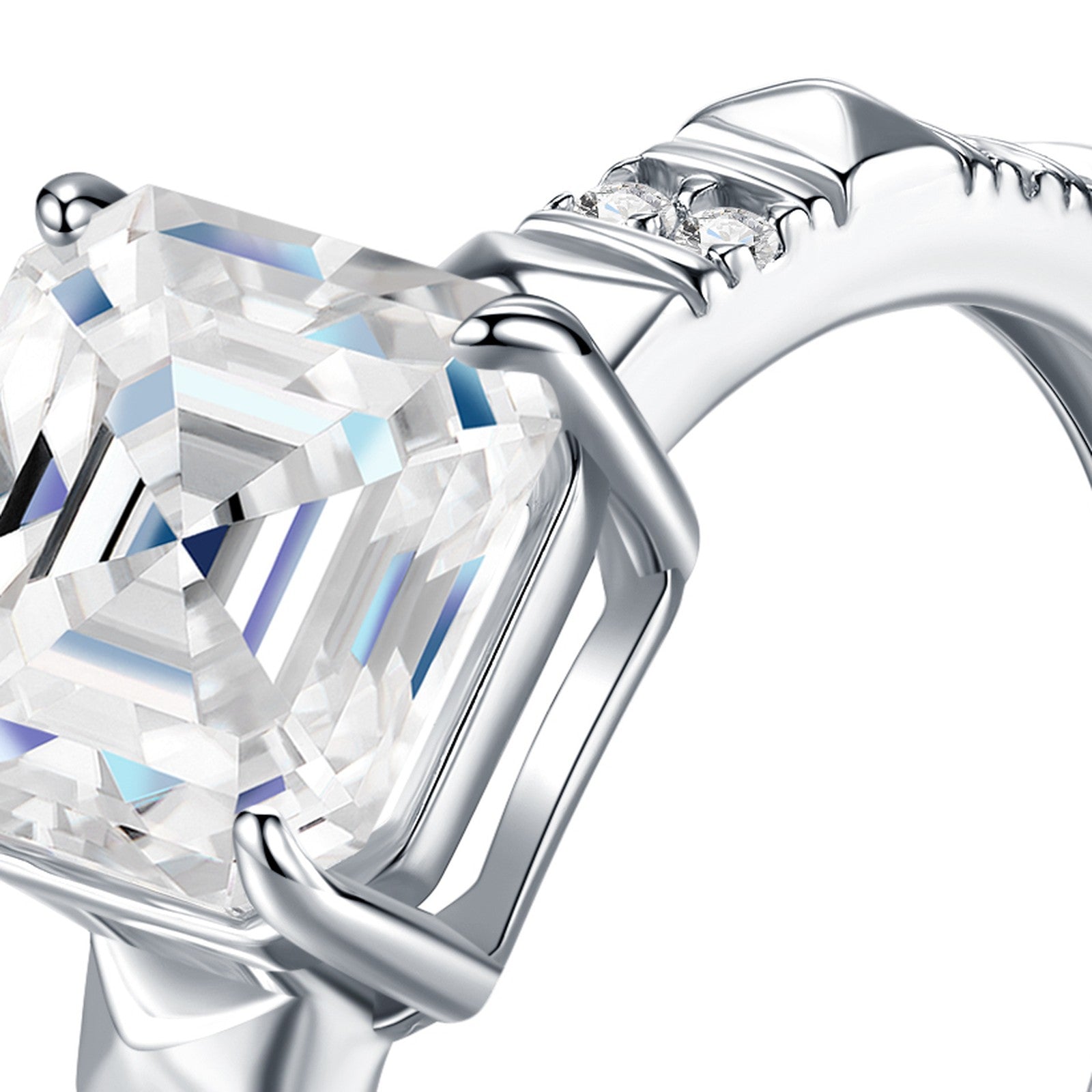 Squarelux Asscher-Cut Moissanite Three-Stone Ring in Sterling Silver — detail