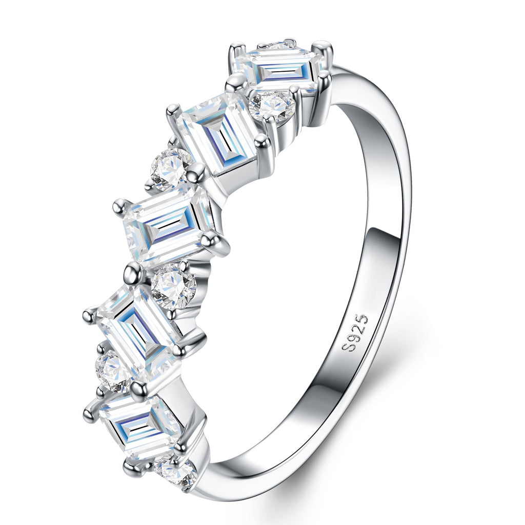 Trismeraldo Emerald-Cut Moissanite Three-Stone Ring in Sterling Silver