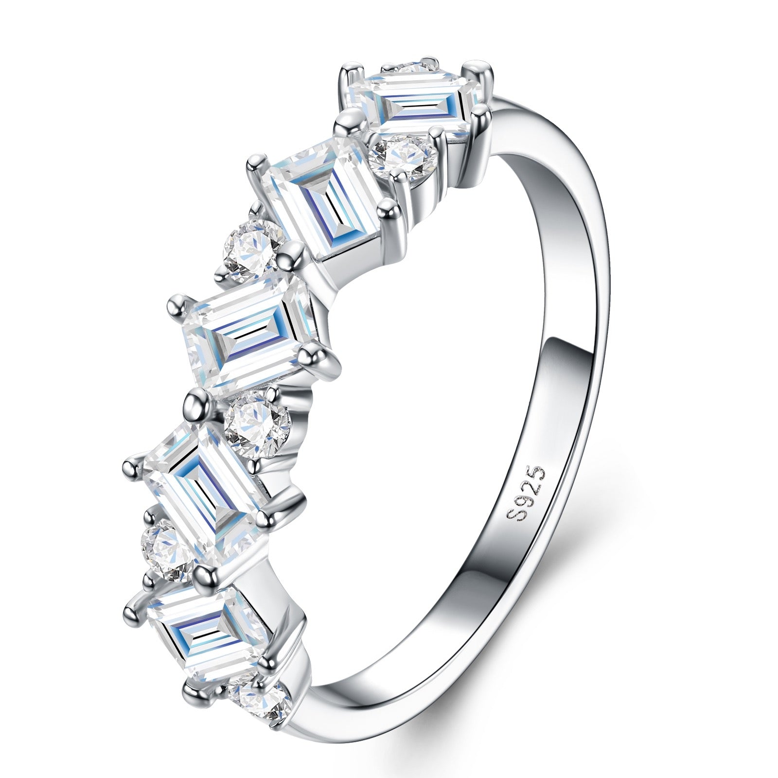 Trismeraldo Emerald-Cut Moissanite Three-Stone Ring in Sterling Silver