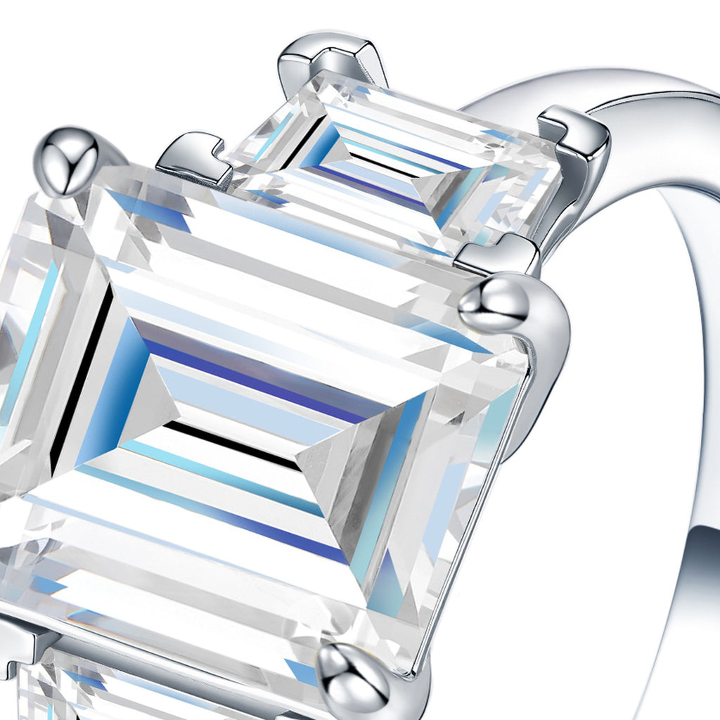 Verdello Emerald-Cut Moissanite Three-Stone Ring in Sterling Silver — detail