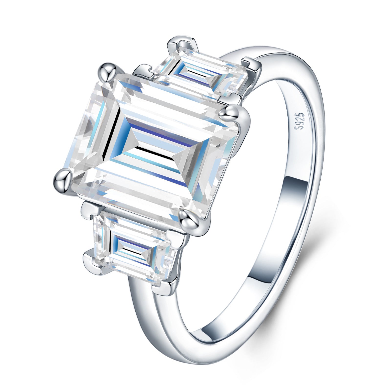 Verdello Emerald-Cut Moissanite Three-Stone Ring in Sterling Silver