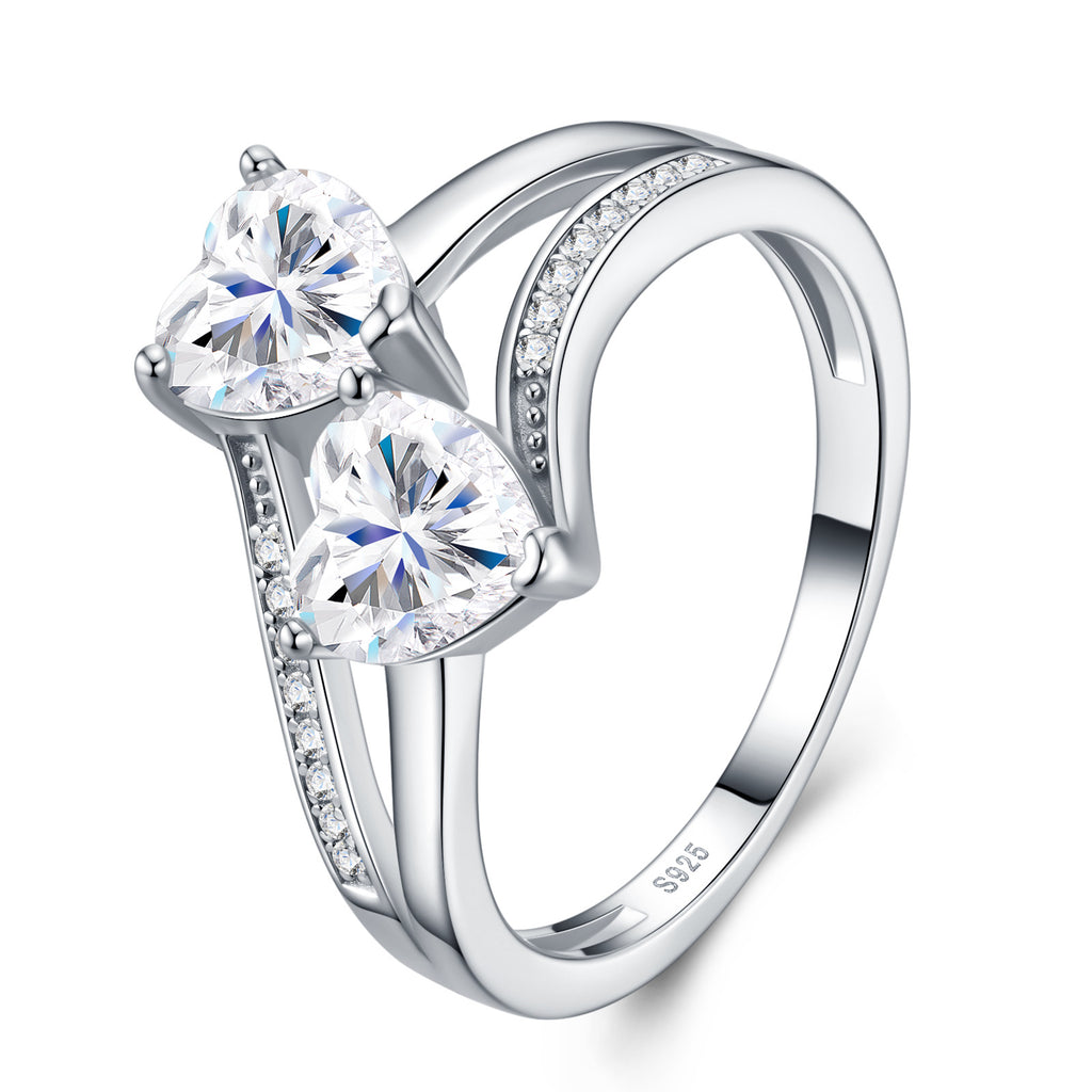Cuoridoppi Heart-Cut Moissanite Two-Stone Ring in Sterling Silver