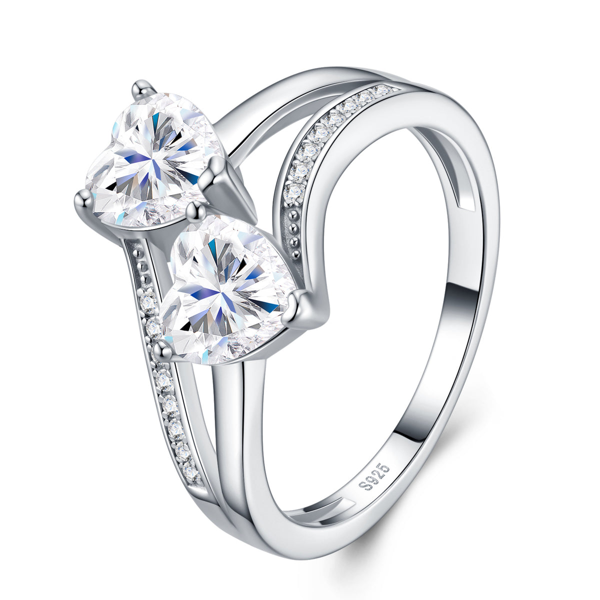 Cuoridoppi Heart-Cut Moissanite Two-Stone Ring in Sterling Silver