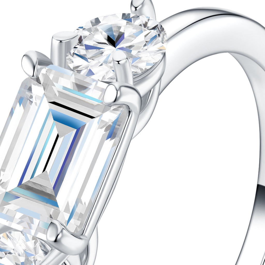 Verduccio Emerald-Cut Moissanite Three-Stone Ring in Sterling Silver — detail
