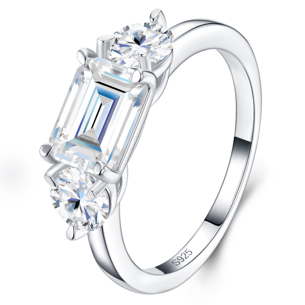 Verduccio Emerald-Cut Moissanite Three-Stone Ring in Sterling Silver