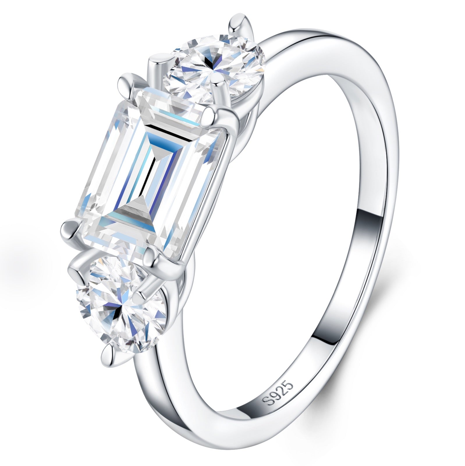 Verduccio Emerald-Cut Moissanite Three-Stone Ring in Sterling Silver