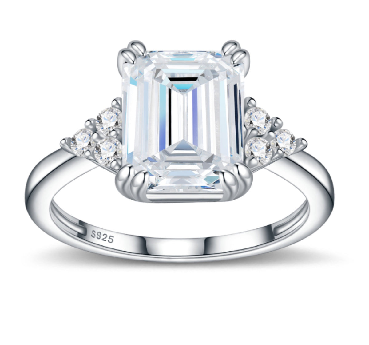 Smeraldotri 4 Carat Emerald-Cut Moissanite Three-Stone Ring in Sterling Silver
