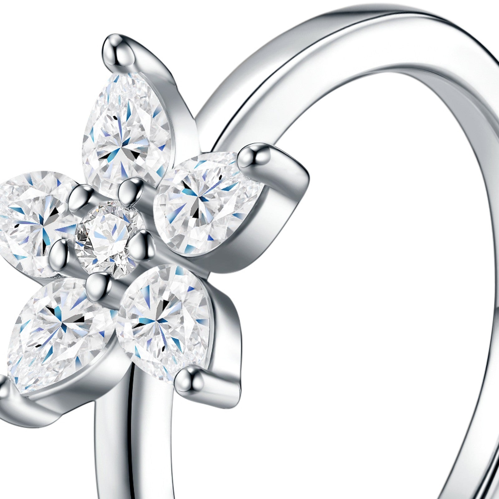 Fioretta Moissanite Flower Ring in Sterling Silver — detail