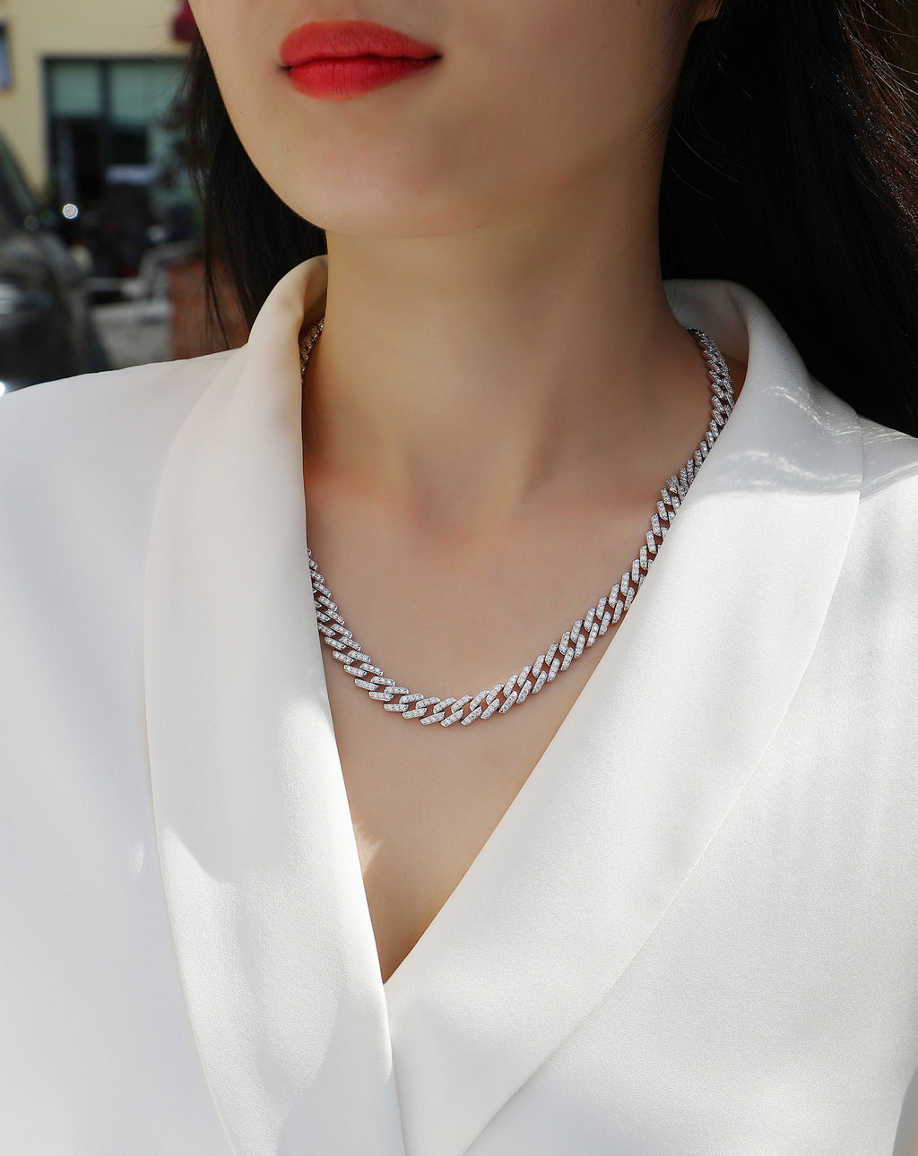 Effimera Moissanite Tennis Necklace in Sterling Silver, shown worn