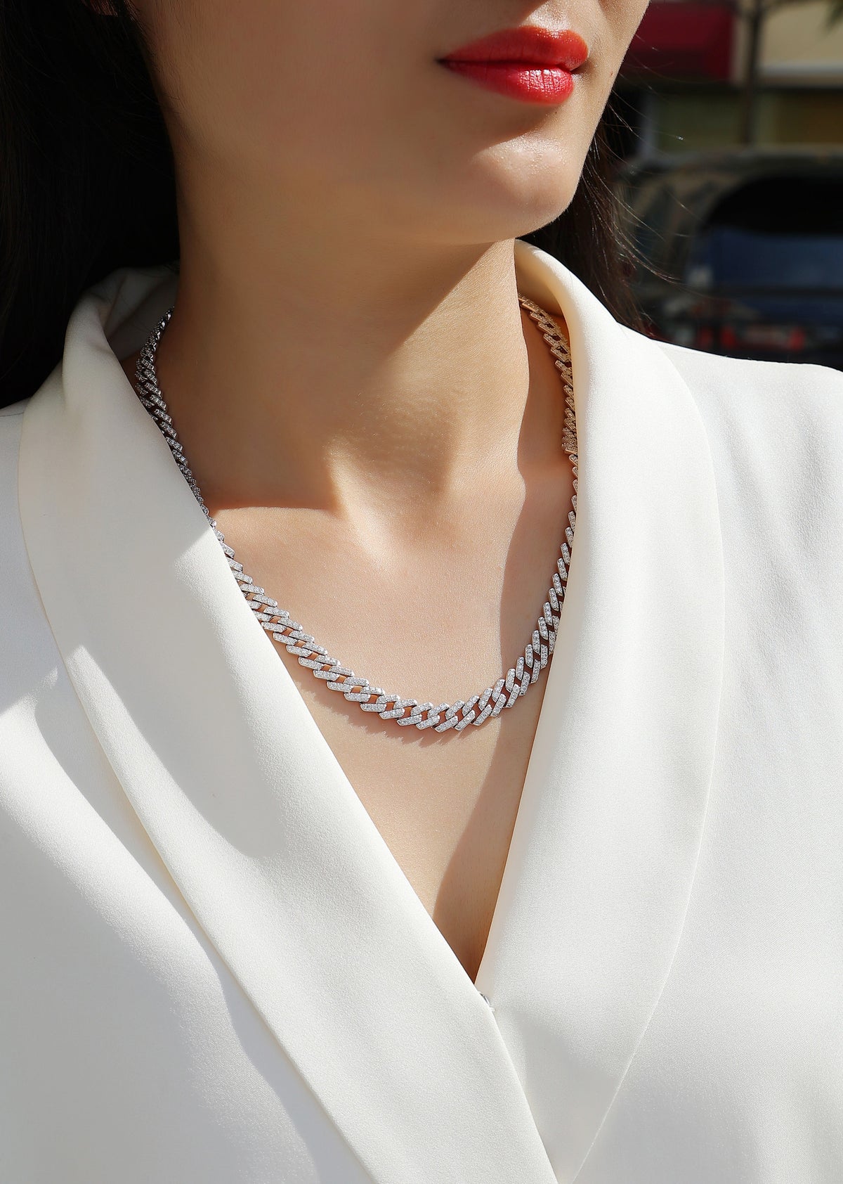 Effimera Moissanite Tennis Necklace in Sterling Silver, shown worn