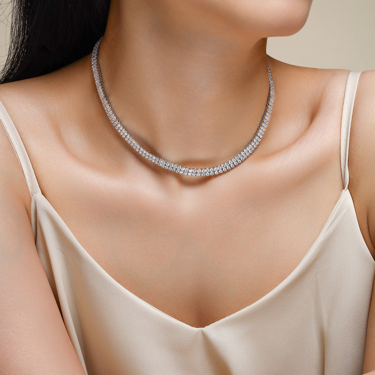 Circonia Moissanite Tennis Necklace in Sterling Silver, shown worn