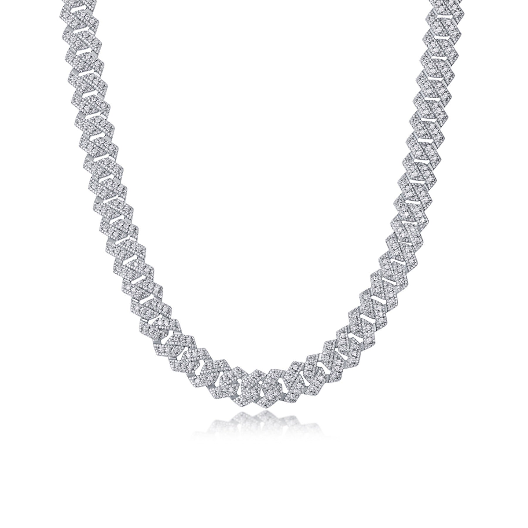 Monarch Moissanite Pavé Prong Cuban Link Chain Necklace in Sterling Silver