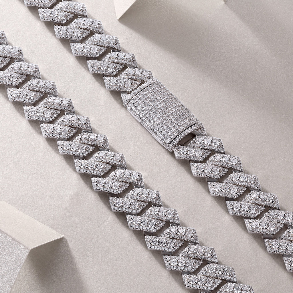 Monarch Moissanite Pavé Prong Cuban Link Chain Necklace in Sterling Silver