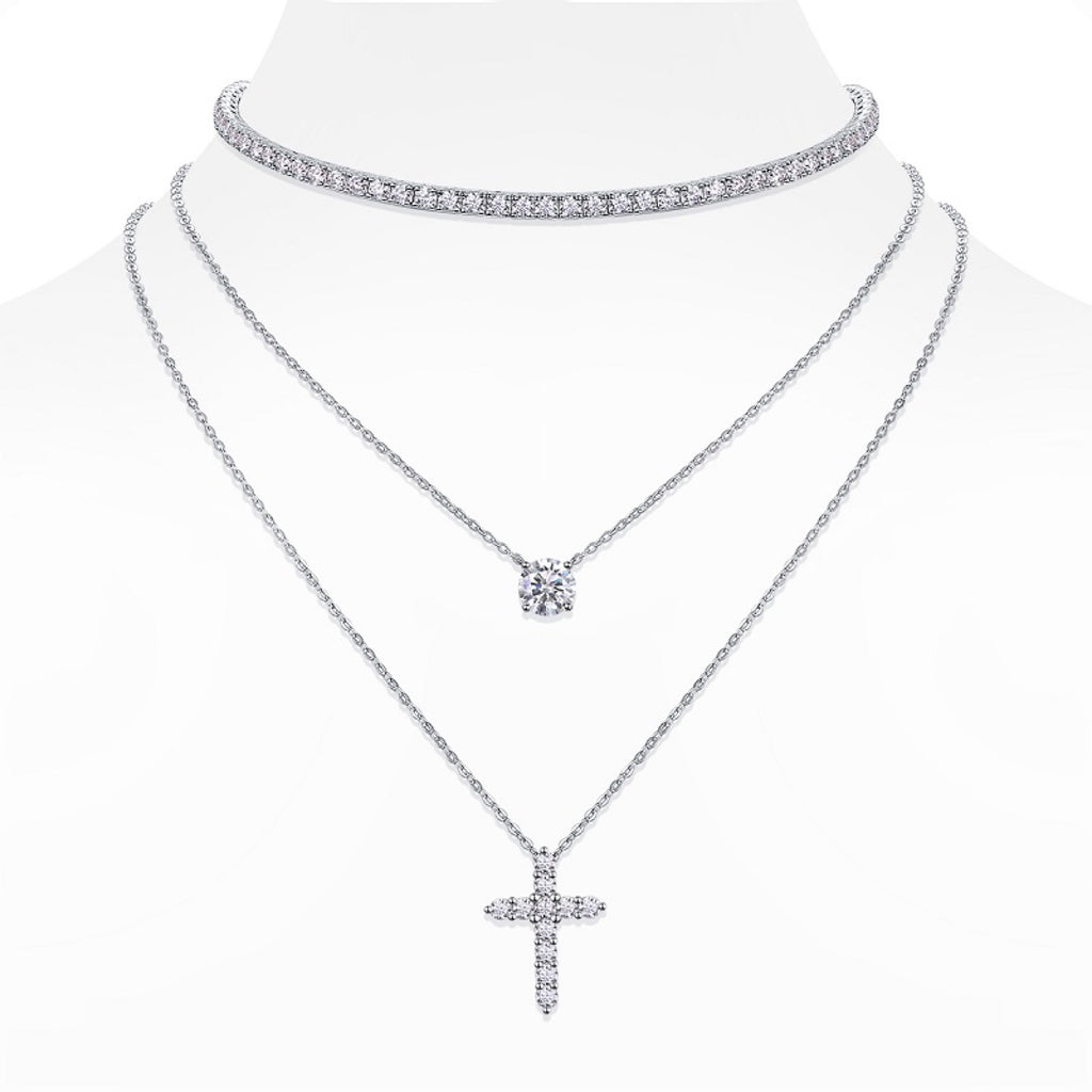 Aureocroce Moissanite Layered Necklace in Sterling Silver