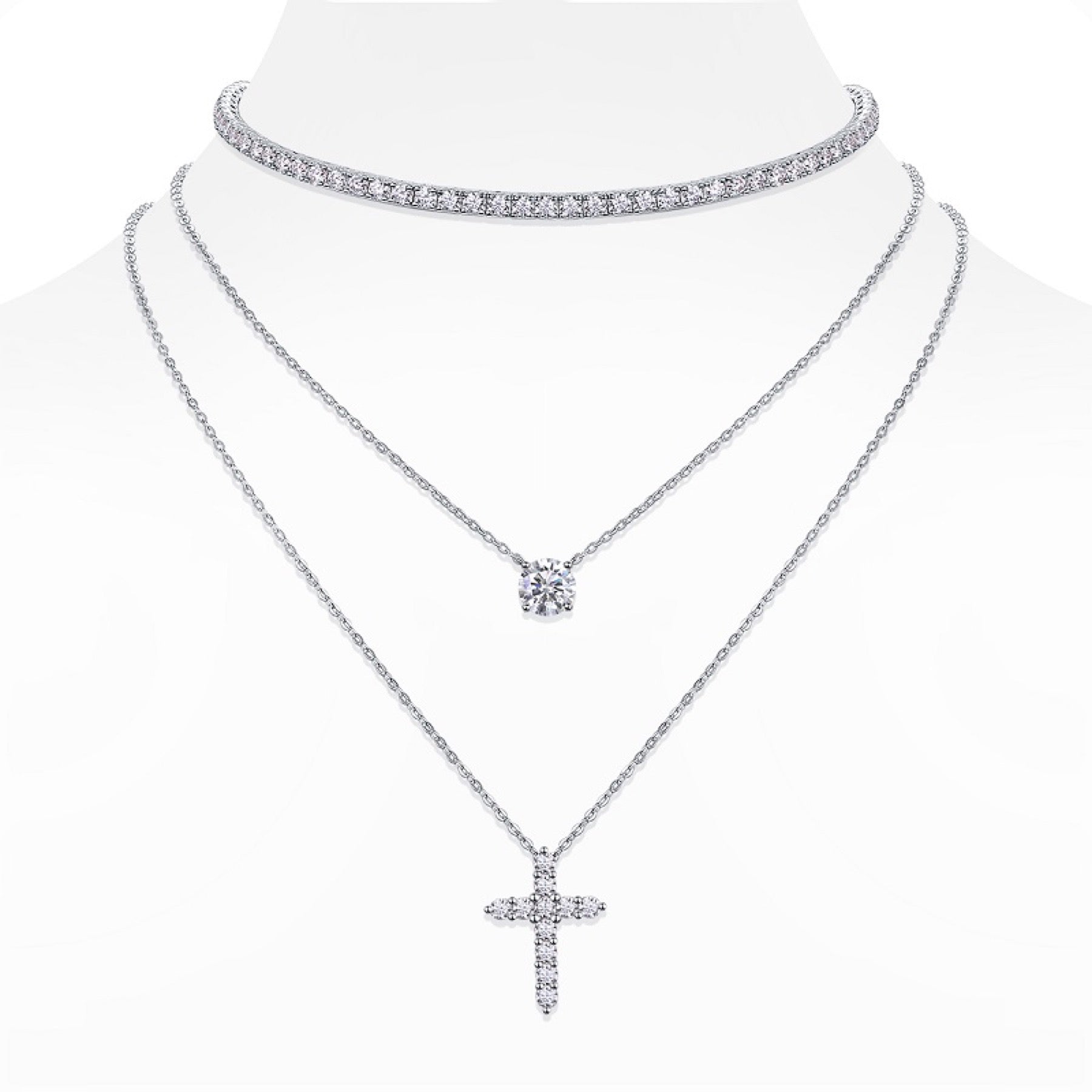 Aureocroce Moissanite Layered Necklace in Sterling Silver
