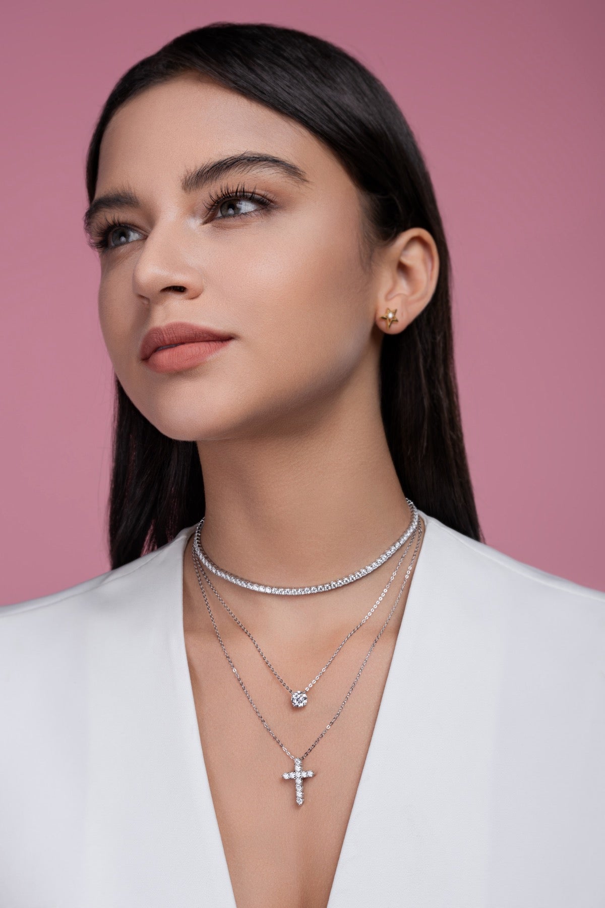 Aureocroce Moissanite Layered Necklace in Sterling Silver
