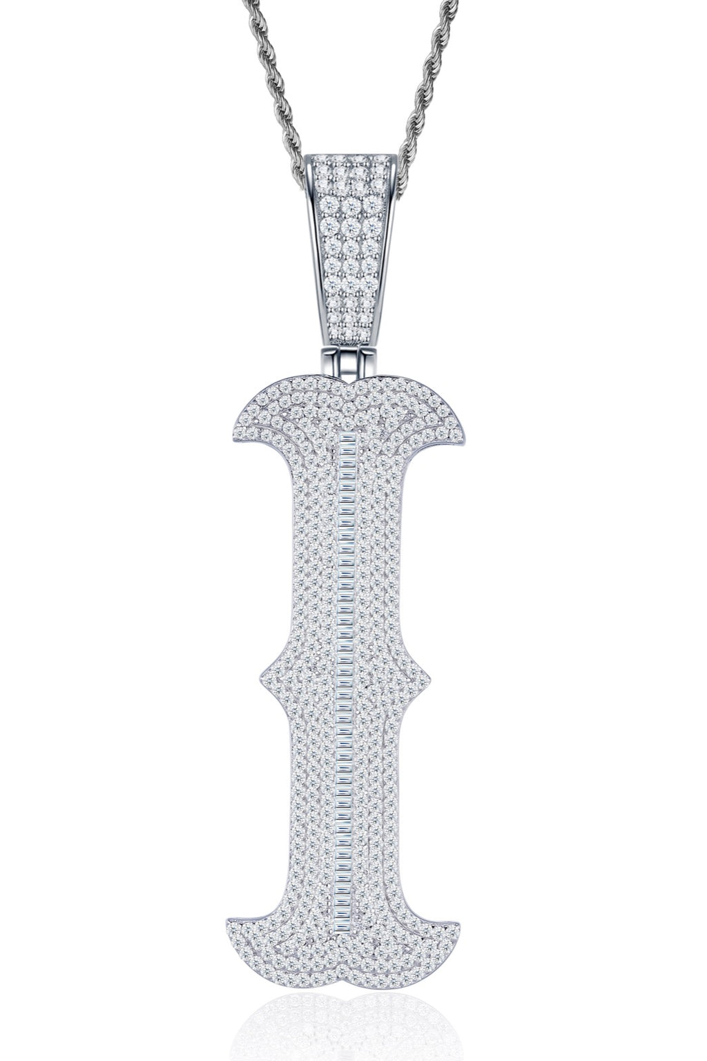 Initial I Moissanite Iced Letter Pendant Necklace in Sterling Silver