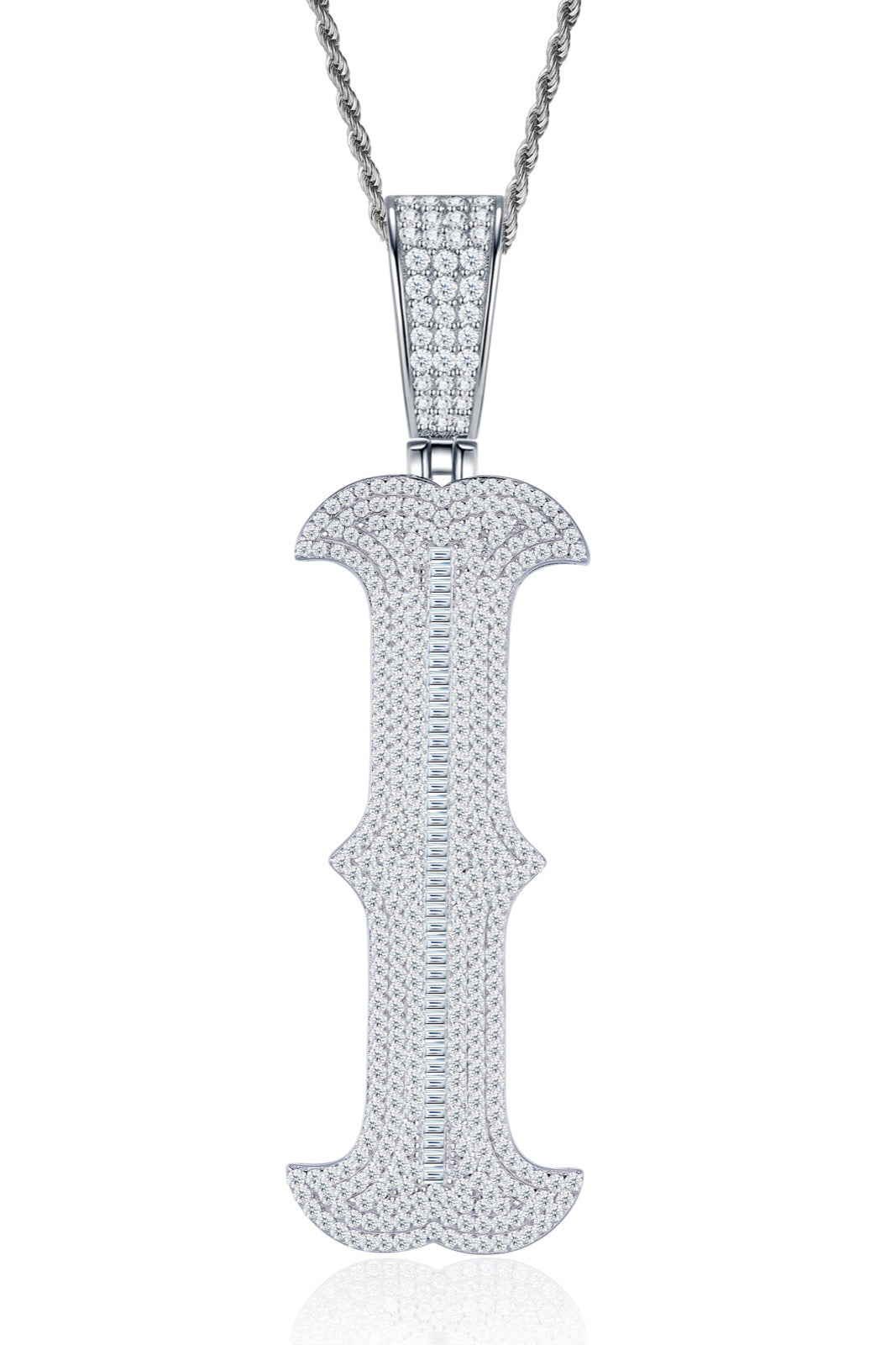 Initial I Moissanite Iced Letter Pendant Necklace in Sterling Silver
