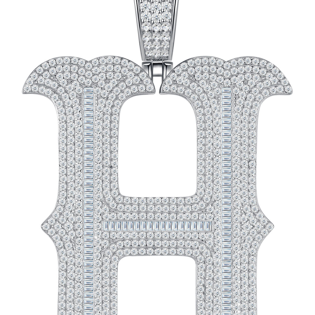 Initial H Moissanite Iced Letter Pendant Necklace in Sterling Silver — detail