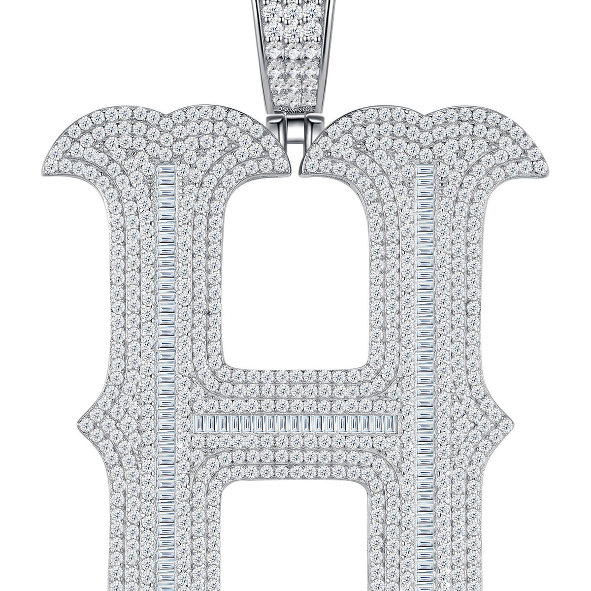 Initial H Moissanite Iced Letter Pendant in Sterling Silver — detail