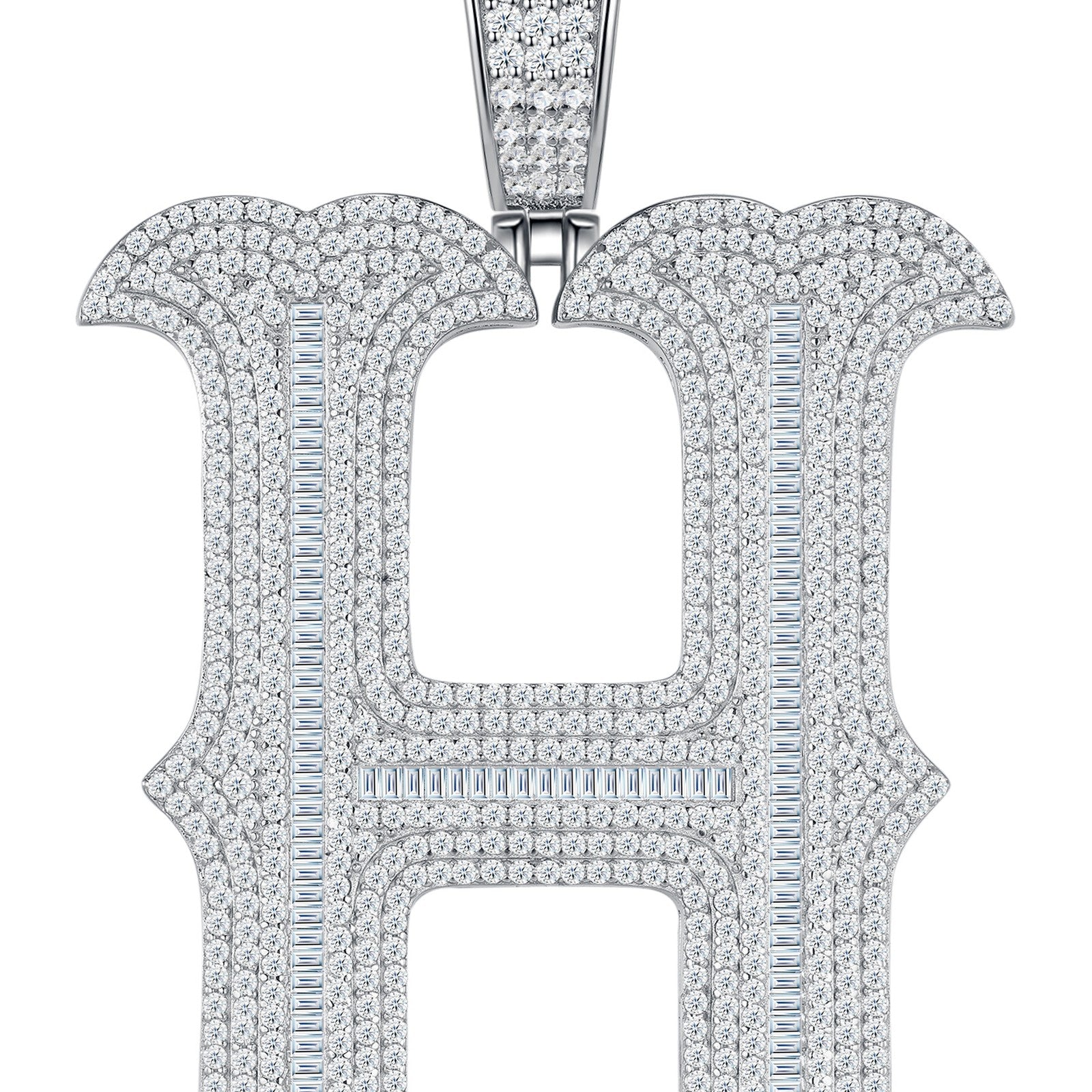 Initial H Moissanite Iced Letter Pendant Necklace in Sterling Silver — detail