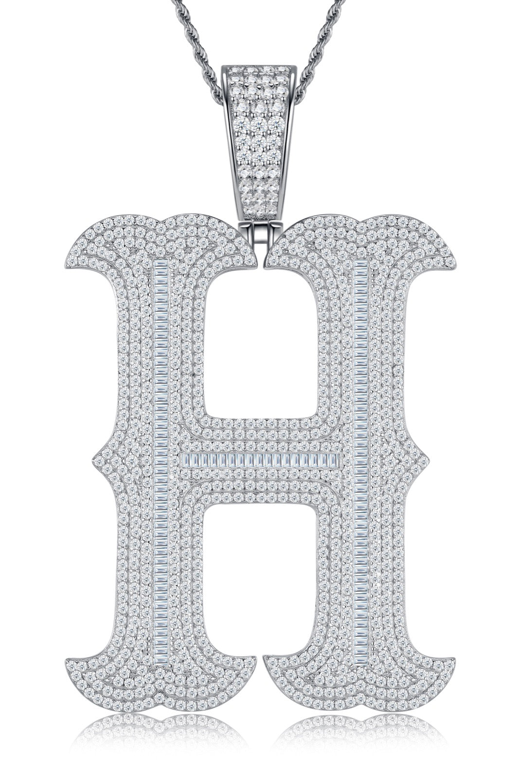 Initial H Moissanite Iced Letter Pendant Necklace in Sterling Silver